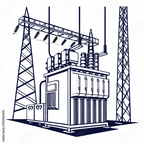 Outdoor electrical substation with power lines and towers