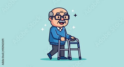 Elderly Man Walking with Walker Cartoon Vector Illustration.