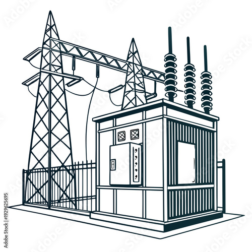Outdoor electrical substation with transmission tower and fence