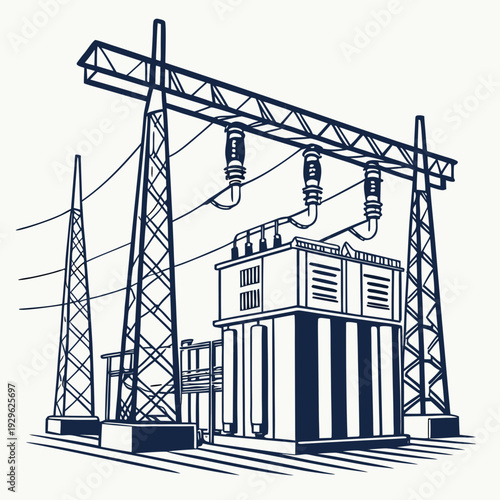 Transformer substation with power lines and towers