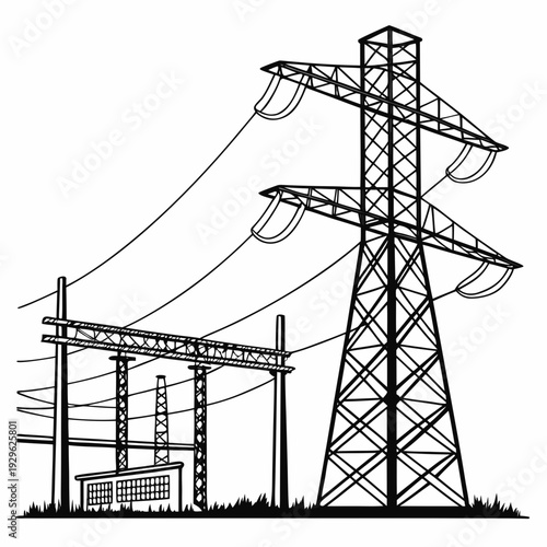 Black and white of a voltage electricity pylon and substation