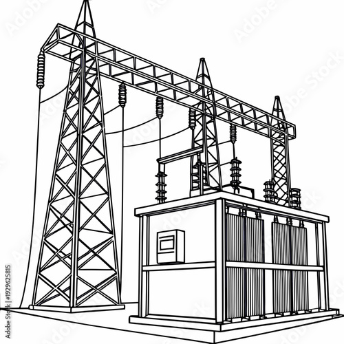 Black and white line of a voltage substation with transmission tower and transformer