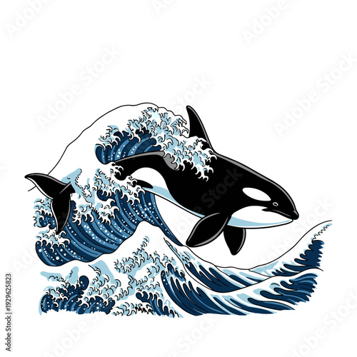 Graphic illustration of a killer whale leaping through powerful ocean waves