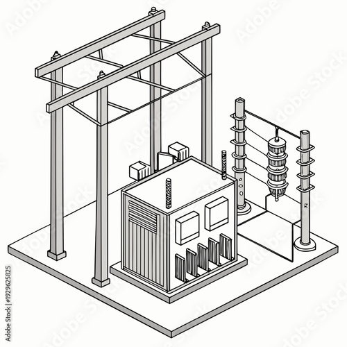 Outdoor power distribution substation with transformer and insulators