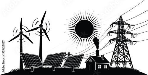 Renewable and conventional energy sources with wind turbines, solar panels, house and power transmission tower, black silhouette vector illustration, electricity concept