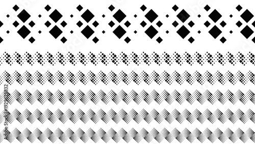 Repeating black and white geometrical diagonal square pattern page divider set - abstract vector graphic design elements from squares