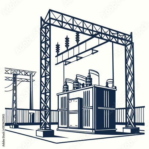Outdoor electrical substation with transformer and power lines