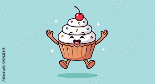 Happy Cupcake Cartoon Character Jumping with Joy.