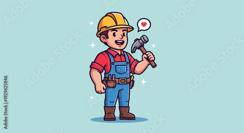 Happy Construction Worker Holding Hammer Cartoon Illustration.