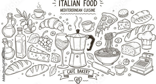 Italian food and cafe culture illustration with various dishes and drinks
