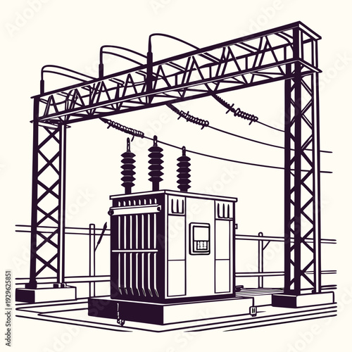 Outdoor electrical substation with transformer and power lines 1