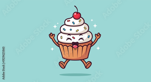 Happy Cupcake Character Jumping with Joy.