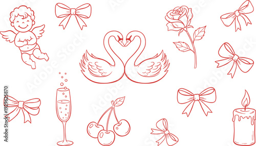Whimsical wedding illustration with swans bows and cherubs on white background