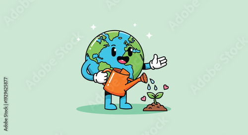 Happy Earth character watering a small plant Vector Illustration.