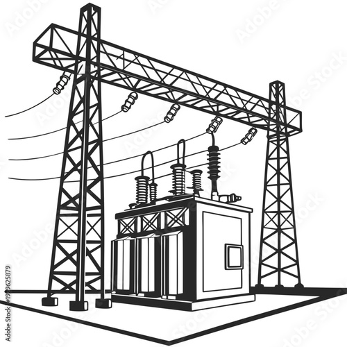 Voltage electrical substation with power lines and transmission towers