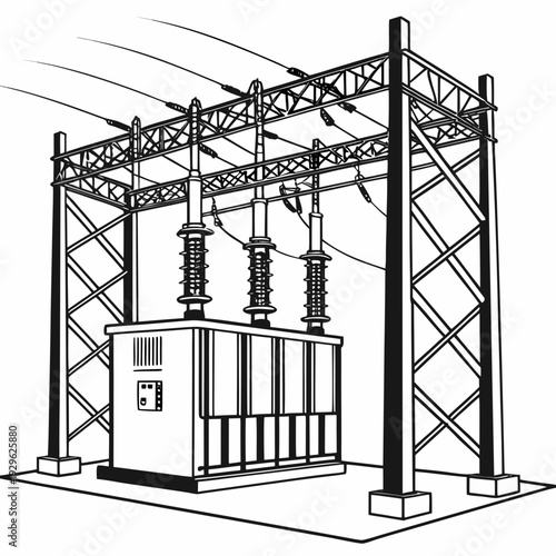 Voltage electrical substation with transformer and transmission tower