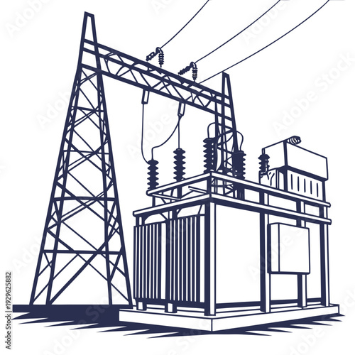 Voltage substation with power lines and transformer