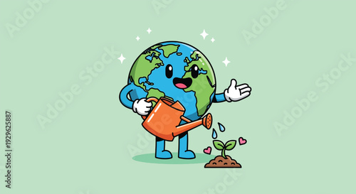 Happy Earth Character Watering a Small Plant.