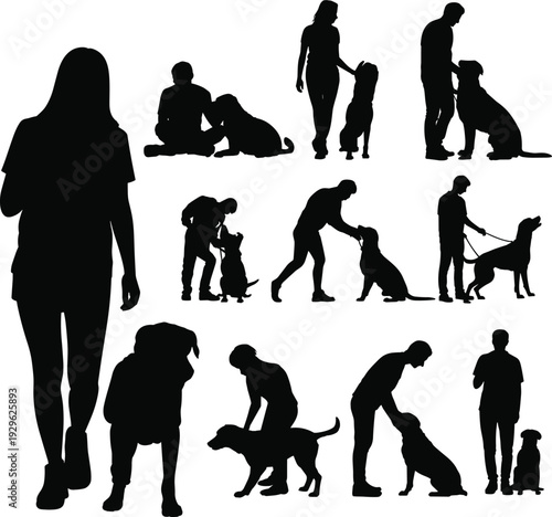 Black silhouettes set of people interacting with dogs, including walking, sitting, petting, and training, isolated on white background, pet owners, canine.