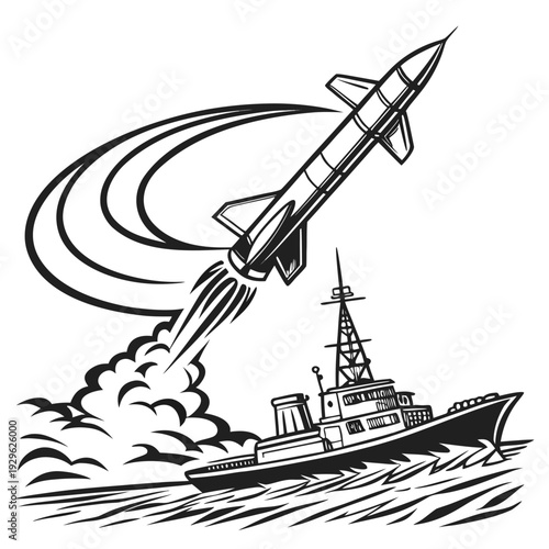 Black and white of a missile launching from a warship