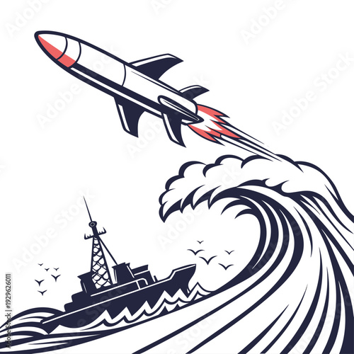 Cinematic of missile flying across ocean wave and warship