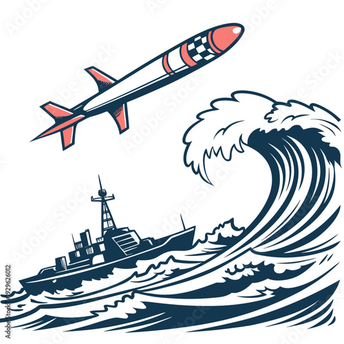 Cinematic of missile flying across warship and ocean wave