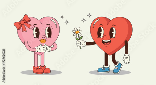 Retro Heart Characters Giving Flower Romantic Illustration.