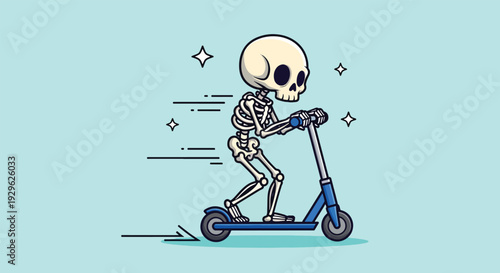 Skeleton riding a scooter with motion lines and stars.