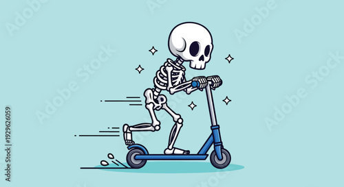 Skeleton Riding Scooter Cartoon Illustration.
