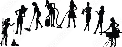 Black silhouettes of women doing housework cleaning with vacuum mop and ironing clothes isolated on white background for domestic design projects