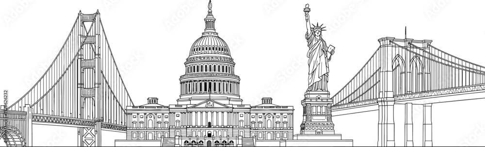 Φωτογραφία Famous American Landmarks Illustration Set – Detailed Vector Line Art of Statue