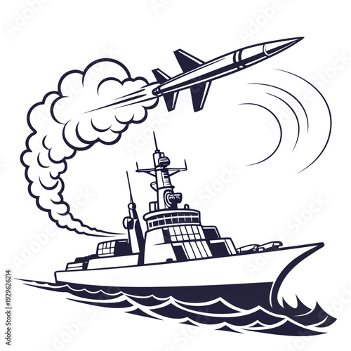 Warship launching missile over water with smoke trail