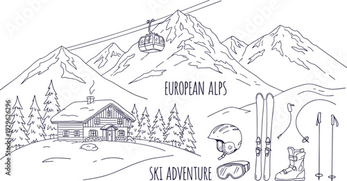 Mountain landscape with a cozy cabin and ski lift