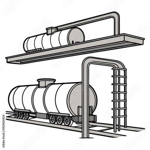 Industrial rail facility with tank cars and pipeline