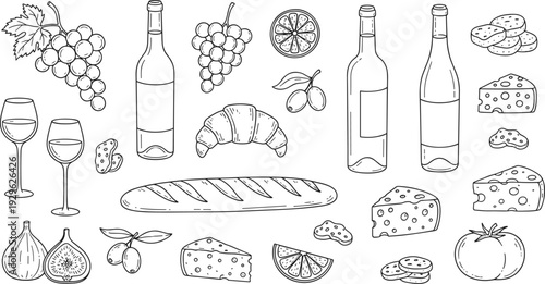 A culinary illustration featuring wine cheese bread and fruit in a classic still life arrangement with various gourmet elements