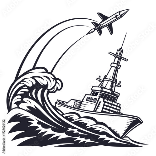 Black and white cinematic of a stealth warship launching a missile 1