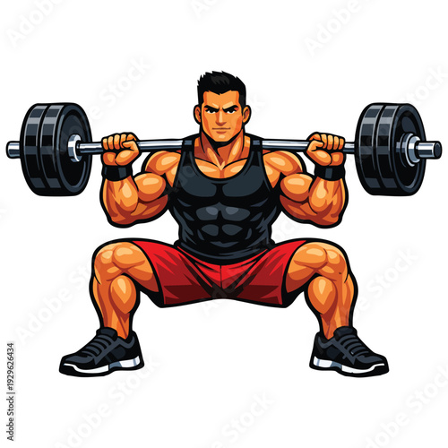 Muscular bodybuilder doing wide stance squat with barbell vector illustration
