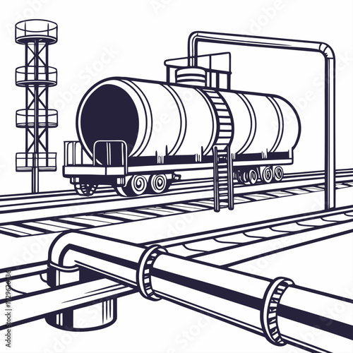 Industrial rail yard with oil tanker and pipeline infrastructure