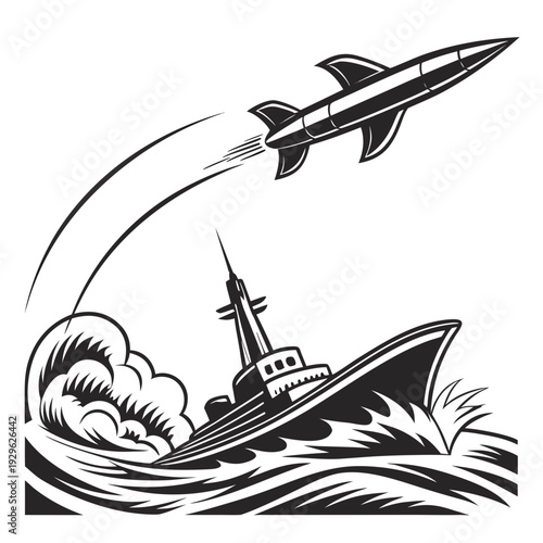 Black and white cinematic of a stealth warship launching a missile