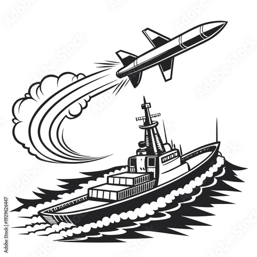 Black and white of anti ship missile soaring over naval boat