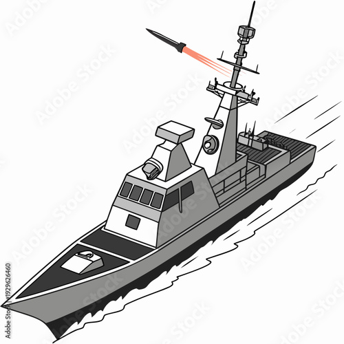 Gray naval boat with missile launcher on white background