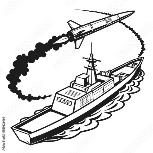 Black and white of anti-ship missile soaring above warship