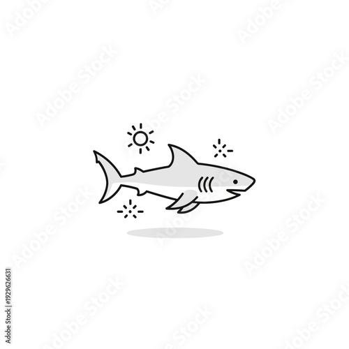 Hand drawn outline shark illustration with sun and waves