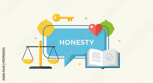 Honesty concept with scales key heart and book icons