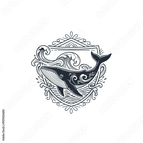 Hand drawn whale with stylized waves in an ornate shield emblem