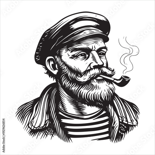 hipster sailor with thick beard and pipe engraving vector illustration 