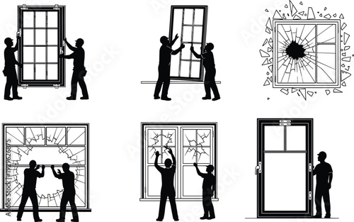 Professional window installation and glass repair service, broken window replacement process with workers silhouette construction maintenance illustration concept