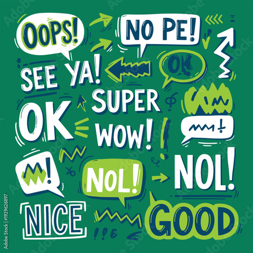 Vector graphics illustration of colorful comic book style speech bubbles and exclamations