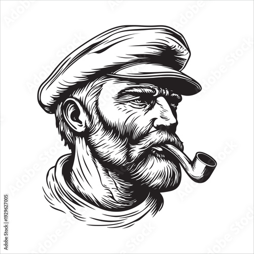 hipster sailor with thick beard and pipe engraving vector illustration 