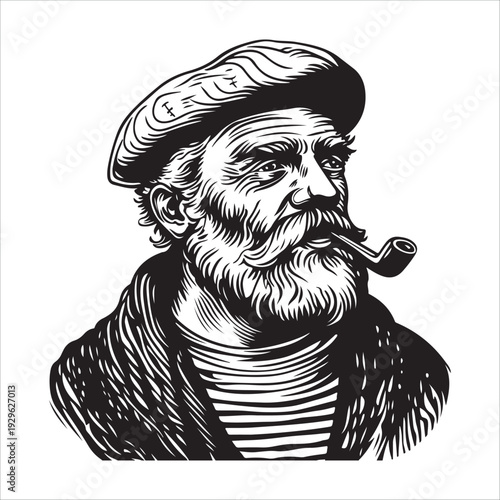 hipster sailor with thick beard and pipe engraving vector illustration 
